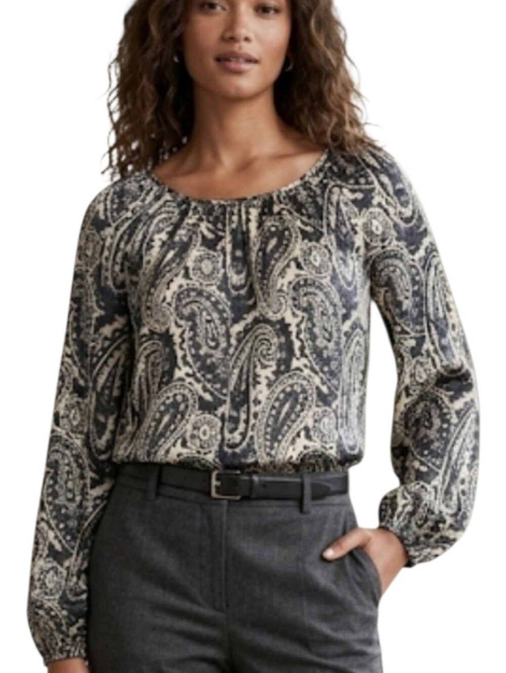 Banana Republic Womens Cream Black Gray Paisley Silky Long Sleeve Blouse